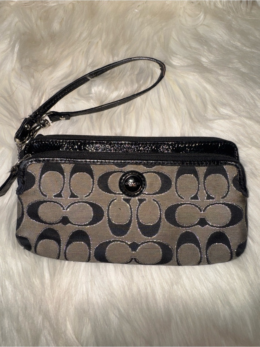 Coach Monogram Wristlet in Taupe and Black